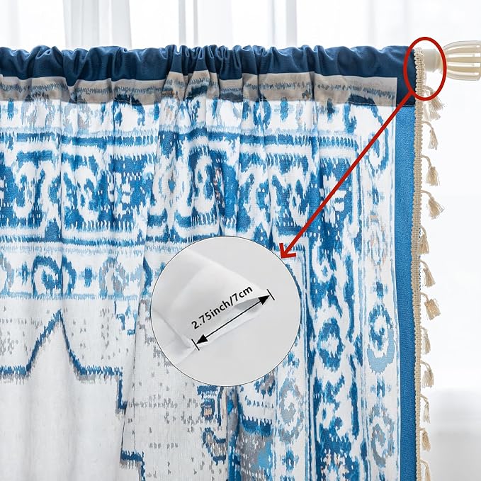 Blue Geometric Curtains 64 Inches Long, Boho Farmhouse Light Filtering Rod Pocket Drapes with Tassel Trim for Bedroom Living Room, 2 Panels