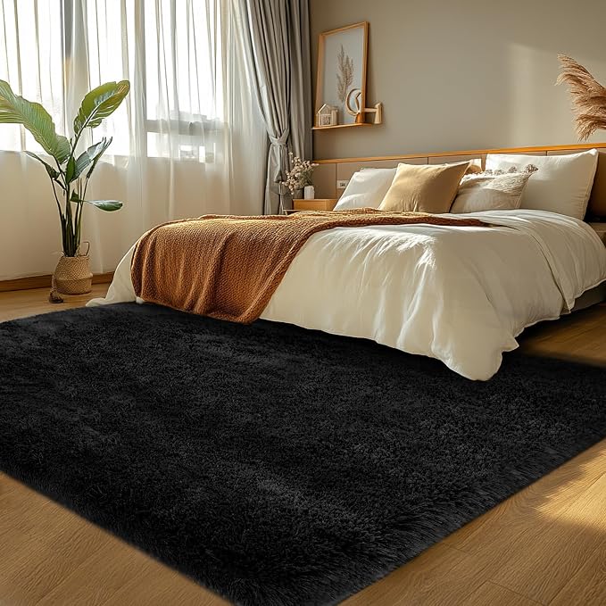 Topmaxcs Black Fluffy Area Rugs 4x6: Fluffy Fuzzy Area Rugs Black Rug for Bedroom- Ultra Soft Furry Rugs- High Pile Plush Rugs for Dorms, 4x6 Feet