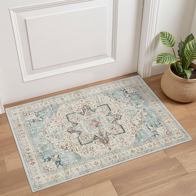 Tortania Area Rug 2x3 Doormat - Washable Vintage Oriental Farmhouse Soft Thin Indoor Carpet for Living Room Bedroom Hallway Entryway Kitchen - Aqua Multi