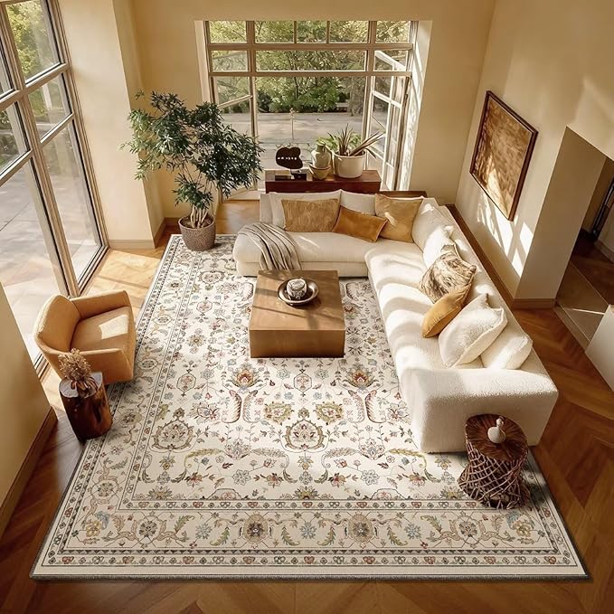 Boho Washable 8x10 Area Rugs for Living Room, Cushioned, Beige | Vintage Non-slip Neutral Oriental Rugs for Bedroom Dining Room Nursery Office High Traffic Area