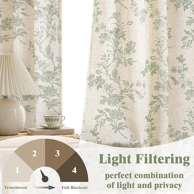 Sage Green Floral Curtains 84 Inch, Light Filtering Linen Texture Drapes 2 Panels, Farmhouse Vintage Curtains for Bedroom Living Room Rod Pocket
