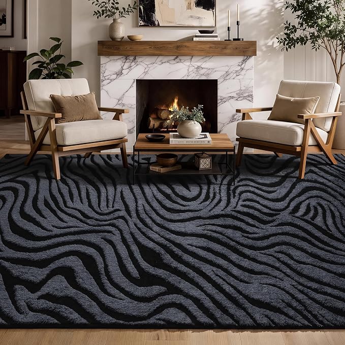 YIHOUSE 6×9 Ft Zebra Area Rugs Black and Grey: Washable Nonslip Plush Soft Rug for Living Room - High-Low Striped Carpet for Bedroom Dining Room Office Playroom Nursery Home Decor