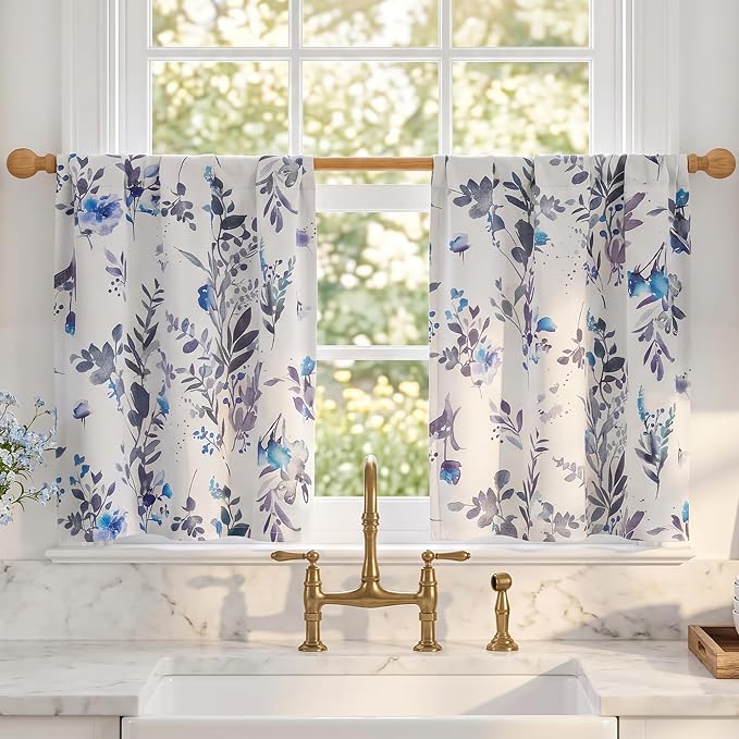MYSKY HOME Floral Kitchen Tier Cafe Curtains 36 Inch Length 2 Panels Privacy Small Window Treatments Rod Pocket for Bathroom Basement, Blue, 30" Wide Each Panel