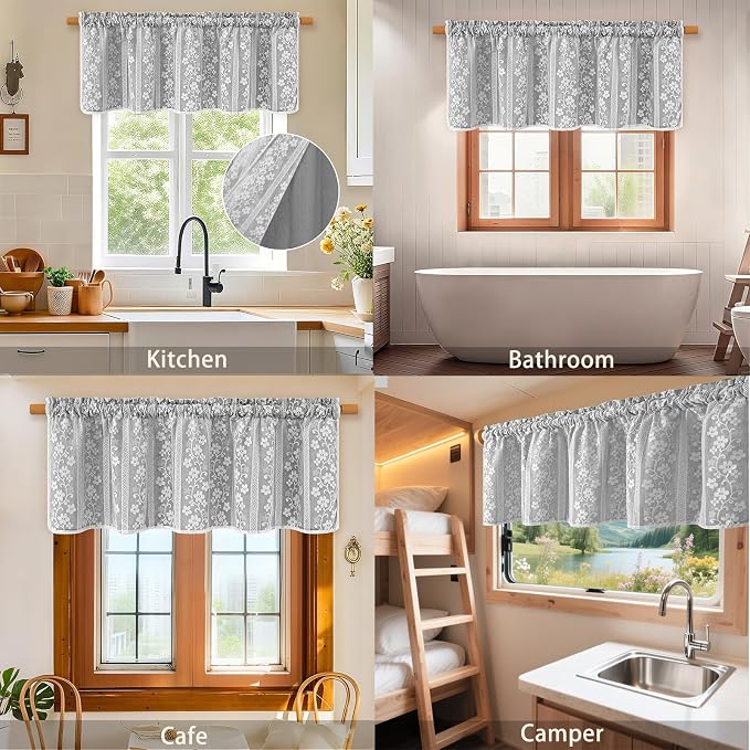 ASPMIZ Linen Farmhouse Kitchen Curtains, Double Layered Valances for Windows with Linen and Lace, Rustic Curtains for Bathroom Window, Kitchen, Cafe Curtain 18 Inch Length Rod Pocket, 52 x 18, Grey