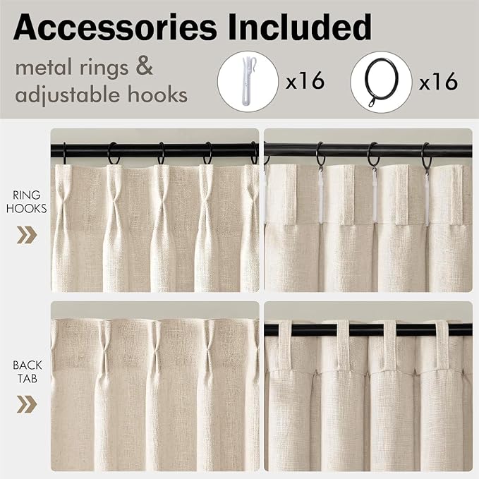 MIULEE Pinch Pleated Thick Linen Curtains 96 Inches Long 2 Panels for Living Room Bedroom, Memory Trained Pleat Drapes Light Filtering Birch Semi Sheer Window Curtains Hooks Rings Back Tab