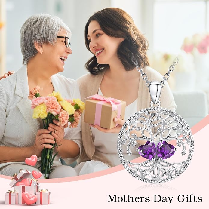 Mothers Day Gifts for Women，925 Sterling Silver Family Tree of Life Pendant Necklaces with 2 Heart Birthstone Jewelry Birthday Anniversary Christmas Gifts for Her Girlfriend Mom Wife Grandma Daughter