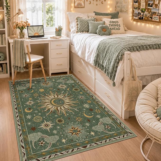 Vacuum-Friendly, 4x6 Washable Area Rug, Green Brown | Sun and Moon Boho Gothic Non-Slip Low Pile Living Roon Bedroom Dining Room Kitchen Entry Entryway Entrance Hallway Doormat