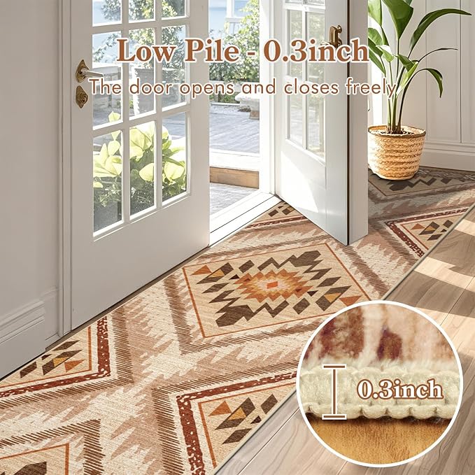 2x10Ft Boho Hallway Runner Rugs Non Slip, Light Brown Washable Kitchen Rug Runners, Soft Low Pile Geometric Moroccan Farmhouse Entryway Floor Carpet for Bedroom Home Decor