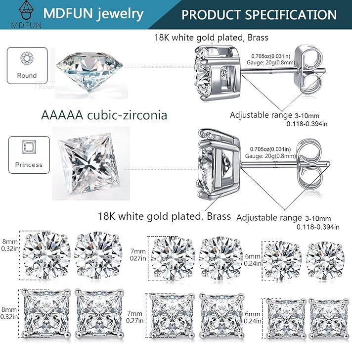 MDFUN 6 Pairs Stud Earrings Set 3mm/5mm/7mm Princess & Round Cubic Zirconia Earrings Hypoallergenic 316L Surgical Stainless Steel CZ Earrings for Women Men