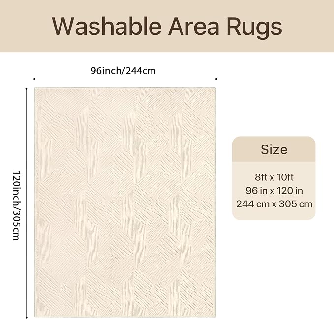 GENIMO Soft Washable Area Rugs 8x10, 3D Modern Stripe Textured Living Room Rug, High-Low Pile Non Slip Fuzzy Carpet, Non-Shedding Stain Resistant Thin Beige Carpet for Bedroom, Dining Room, Nursery