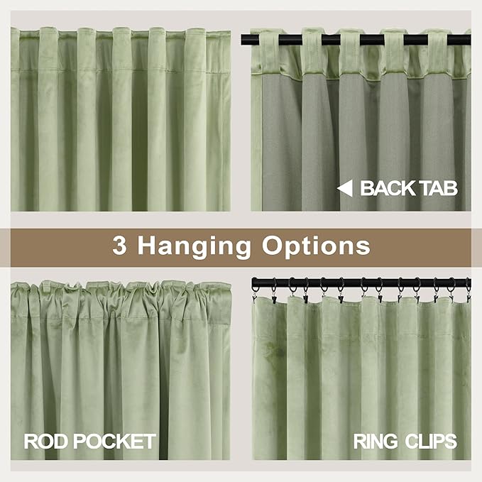 Sage Green Velvet Curtains 72 Inch Length for Mater Bedroom Boys Playroom Gamer Gaming Room Darkening Light Blocking Drape for Living Room Office Rustic Boho Vintage Luxury Home Decor Back Tab 2 Panel