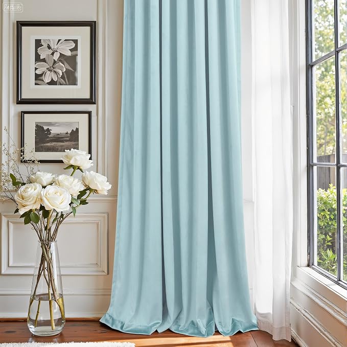 Extra Long Light Blue Velvet Blackout Curtains 108 Inch Length 2 Panel for Large Window Living Room Spring Back Tab Pocket Cold Blocking Heavy Ceiling Floor Winter Drape for Bedroom Patio Sliding Door