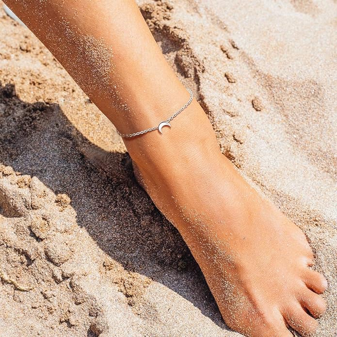 ChicSilver Personalized 925 Sterling Silver Tiny Heart/Moon/Star/Sun/Dot/Triangle Anklets Simple Dainty Foot Jewelry for Women, Silver/Gold Plated/Rose Gold Plated