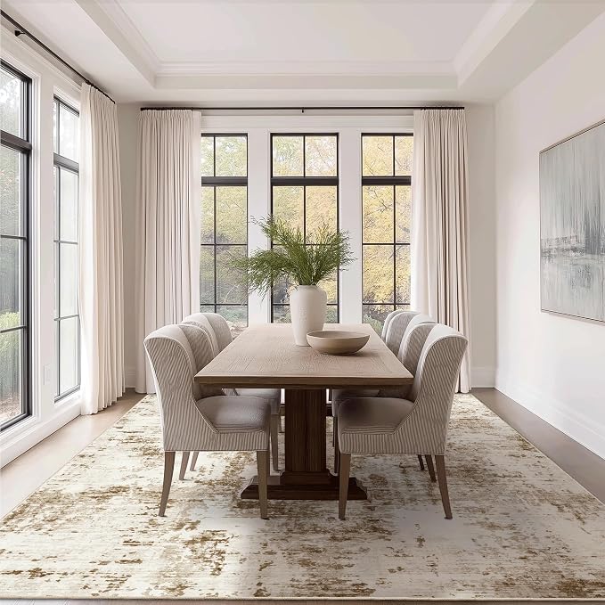 FMFUNCTEX 8x10 Washable Area Rug Brown Beige Neutral Abstract Modern Large Non Slip Carpet for Living Room Bedroom Soft Low Pile Indoor Mat Contemporary Throw Rug for Dining Kitchen Office Nursery