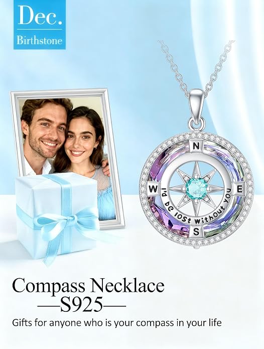 TOUPOP Necklace Gifts for Wife Compass Jewelry Women Anniversary Girlfriend Birthday Gift for Her Valentines I'd be Lost without You Sterling Silver Birthstone Necklaces