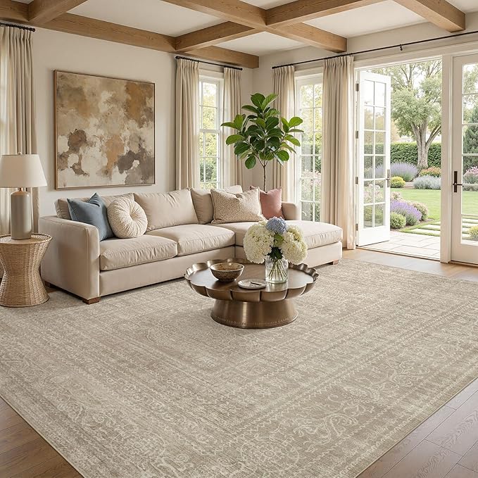 Nakagishi 7x10 Area Rugs Living Room: Washable Large Vintage Rug Neutral Non-Slip Soft Stain Resistant Indoor Carpet for Bedroom Nursery Dining Room Office Playroom - Brown
