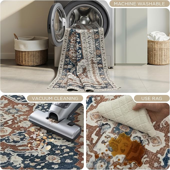 Joydeco 5x7 Area Rugs for Living Room, Non Slip Machine Washable Vintage Rug, Low Pile Chenille Print Rugs for Bedroom, Dining Room, Home Office, Pet & Child Friendly, Beige & Blue & Reddish-Brown