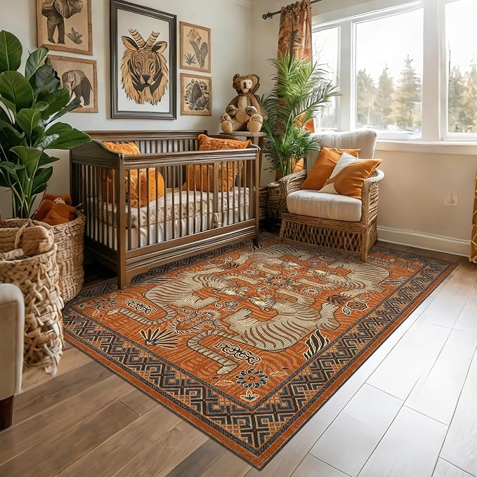 GarveeHome 4x6 Tiger Washable Area Rug for Kids Room, Boho Terracotta Bedroom Rug Non Slip Low Pile Vintage Tribal Carpet Stain Resistant Throw Rug for Dorm Nursery Room Playroom Office Dining Room