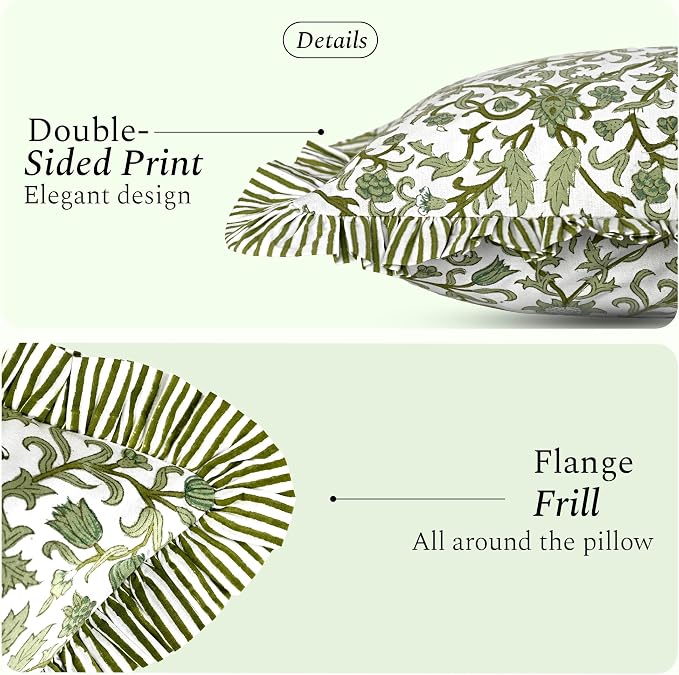 CPC Meadow Vine Hand Block Print 100% Cotton Ruffle Throw Pillow Cover 24x24 inch with Hidden Zipper Decorative for Couch, Bed, Sofa, Farmhouse, Cottagecore Decor Gift Christmas Fall Thanksgiving