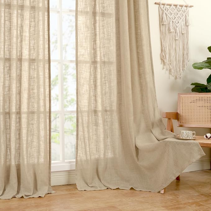 LAMIT Linen Semi Sheer Curtains 48 Inch for Bedroom, Light Filtering Neutral Window Curtains Farmhouse Boho Back Tab and Rod Pocket Panels, Brown, 2 Panels, 52 x 48 Inch