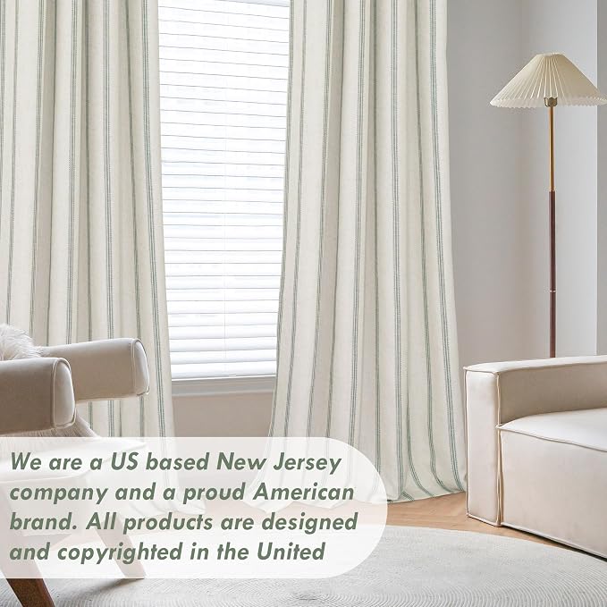 DriftAway Farmhouse Stripe Blackout Curtains, W52xL96, Loden Green | Blackout, Linen Texture, Stripe Pattern, Rod Pocket & Back Tab, Two Layers, Bedroom Living Room Use, Sound Reducing Design