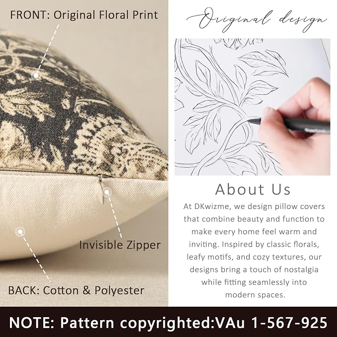 Vintage Floral Print Throw Pillow Covers 20x20 Set of 2 Neutral Modern Farmhouse Pillowcases Accent Decorative Cushion Covers Boho Home Decor for Couch Sofa Chair Bed Living Room, Black