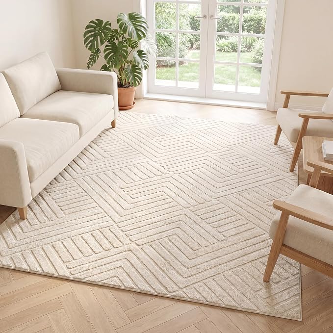 Bsmathom 6x9 Washable Area Rug, Boho Neutral Modern Soft Carpet Mat, Beige | Machine Washable, Low Pile Fluffy Plush, Non-slip, Geometric Textured, For Living Dining Kids Room Bedroom Indoor Dorm