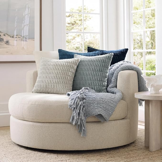 Softalker Throw Pillow Covers 22x22 Inch, Set of 4, Corduroy Soft Striped Farmhouse Boho Pillow Cover, Modern Decorative Cushion Pillow Case for Couch Sofa Bedroom Living Room, Grey/Blue