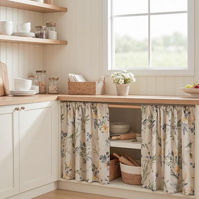 MYSKY HOME Floral Kitchen Curtains 36 Inch Length Linen Tier Curtains Farmhouse Blue Flower Patterned Small Window Treatments Airy Light Filtering Rod Pocket for Dining Room 2 Panels, Each 26" W
