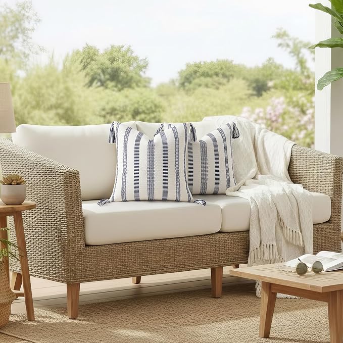 Smile Bee Boho Outdoor Couch Throw Pillow Covers Set of 2 Decorative Lumbar Thick Woven Striped Accent Neutral Pillow Covers with Tassels for Bed Sofa Home Decor 12x20 Inch, Navy Blue and Cream White | Woven Cozy Boho Decorative Modern Farmhouse Accent...