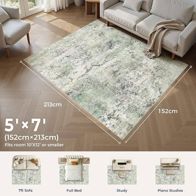 DMOYEST Area Rug Living Room Rugs - 5x7 Large Soft Indoor Neutral Modern Abstract Low Pile Washable Rug Carpet for Bedroom Dining Room Farmhouse Home Office - Green/Grey/Yellow