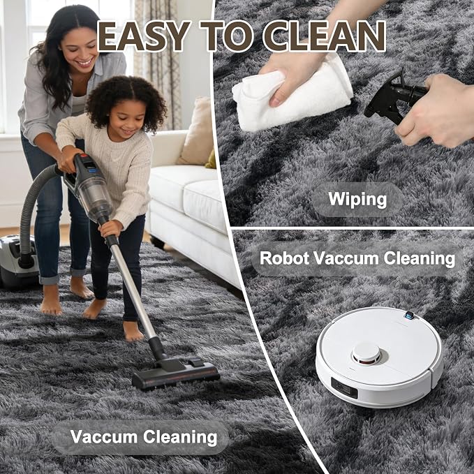 Large Shaggy 6x9 Area Rugs for Living Room Decor, Non-Slip Tie-Dyed Rugs for Bedroom Kids Playroom Dorm Room, High Pile Ultra Soft Carpet, Black