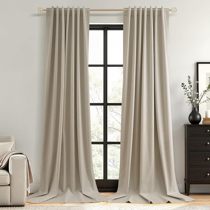 Extra Long 100% Blackout Linen Curtains for Bedroom 120 inches Long 10 FT, Thermal Insulated Room Darkening Black Out Window Drapes for Living Room, Back Tab Rod Pocket 2 Panels,Stone Beige,52x120
