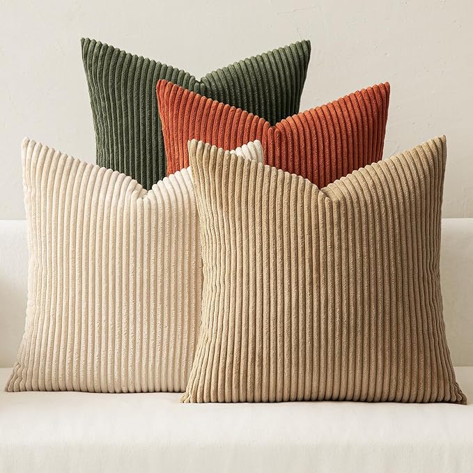MIULEE Boho Farmhouse Throw Pillow Covers 24x24 Inch Set of 4 Mordern Rust-Olive Green Cushion Covers Soft Corduroy Nordic Fall Home Decor for Spring Couch Bed Sofa Living Room