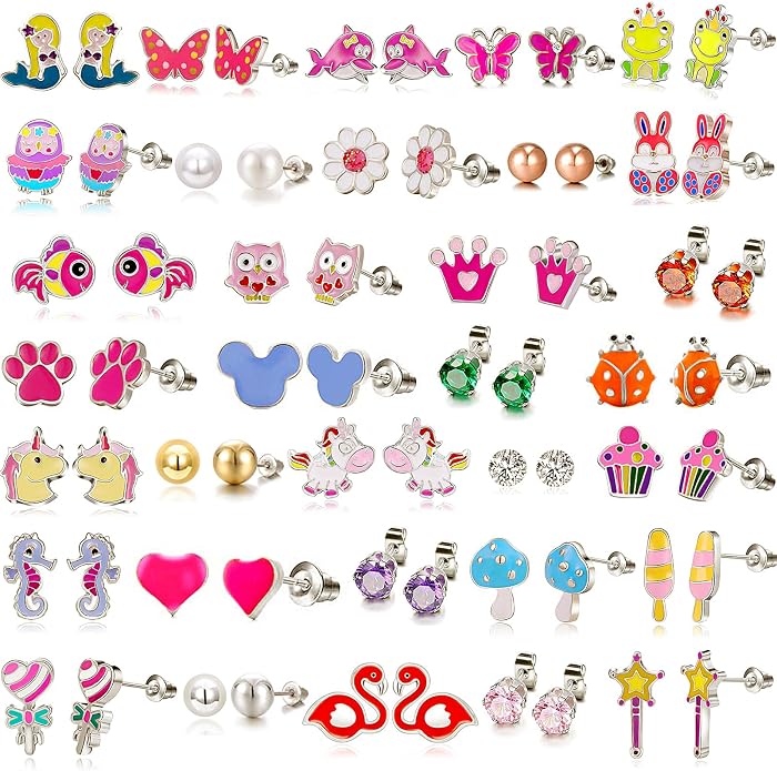 Colorful Charms: 33-Pair Hypoallergenic Earrings for Sensitive Ears with Stainless Steel Post -Assorted Cute Stud Earring Set