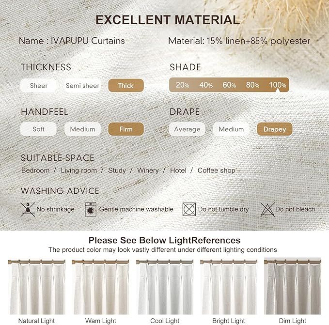 Natural Pinch Pleated 100% Blackout Curtains Linen Blend Room Darkening Window Curtains 102 inch 1 Panel for Living Room Bedroom Thermal Insulated Curtain Drapes with 12 Hooks 70''Wx102''L, Thick