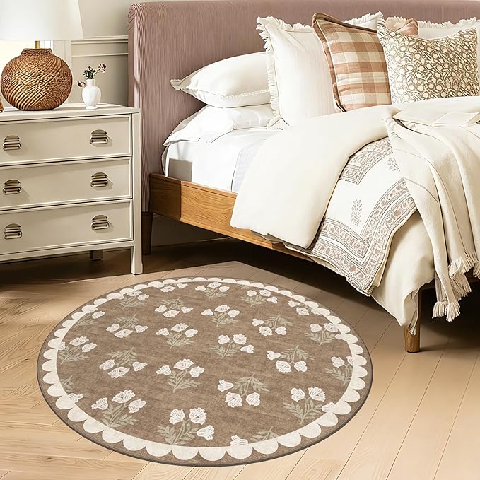 Tan 3ft Round Rug for Entryway - 3x3 Small Washable Floral Neutral Farmhouse Scalloped Round Rug for Bedroom Non Slip Front Door Mat Indoor Stain Resistant Circle Rugs for Bathroom Kitchen