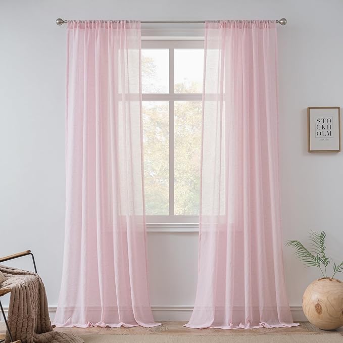 FMFUNCTEX Pink Flax Linen Sheer Curtains 96 Inch Long Rod Pocket 2 Panels | Semi Sheer Window Drapes Pink for Bedroom and Living Room, Farmhouse French Window Curtain Privacy