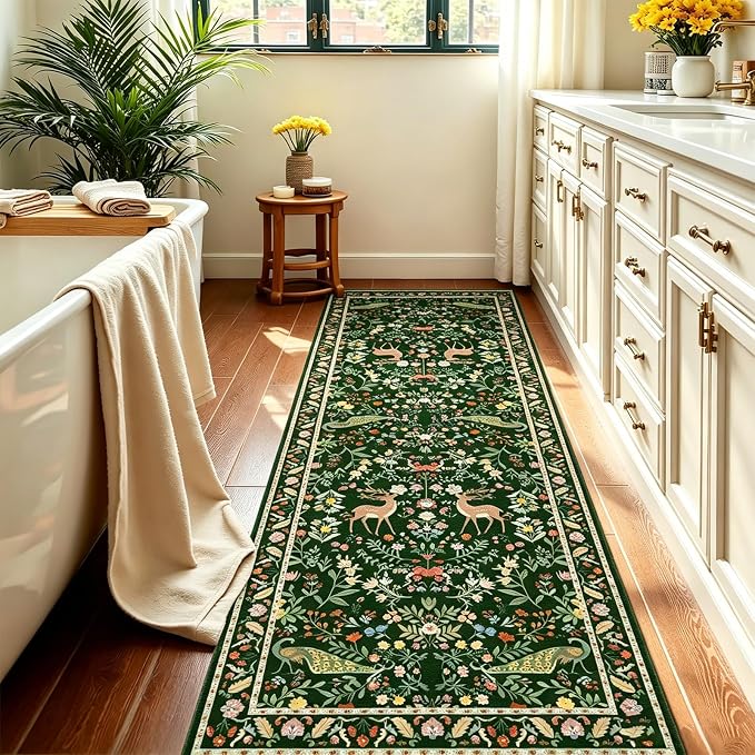 Lunasun Green Washable Floral 2x6 Runner Rug for Hallway- Stain Resistant Kitchen Runners, Botanical & Animal Indoor Floor Mat for Bathroom, Soft Non Slip with Rubber Backed