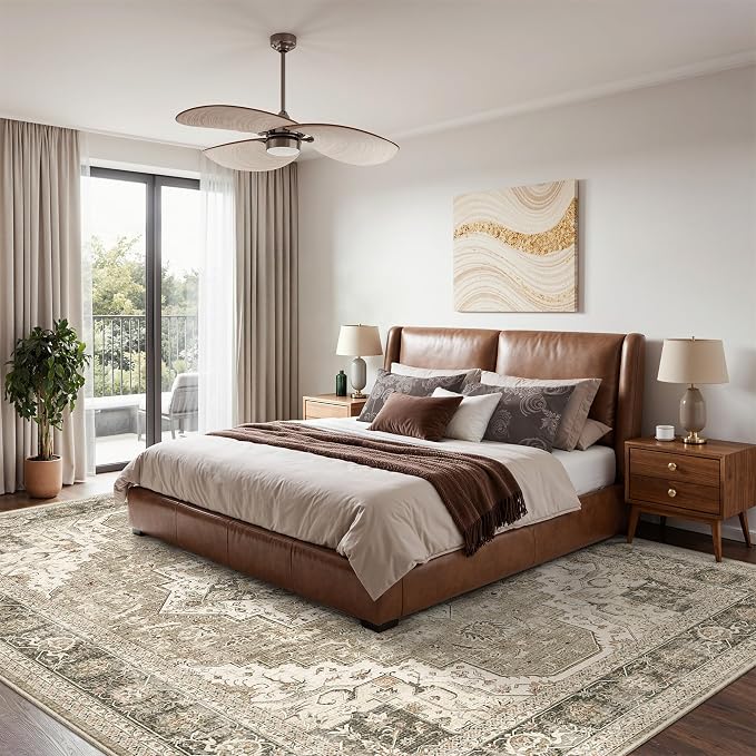 Roxstand 9x12 Washable Area Rug, Vintage Non Slip Rugs, Brown/Beige | Soft Low Pile Design, Stain Resistant,Pet & Kid Friendly,Carpet for Living Room, Bedroom, Dining Room and Office Decor