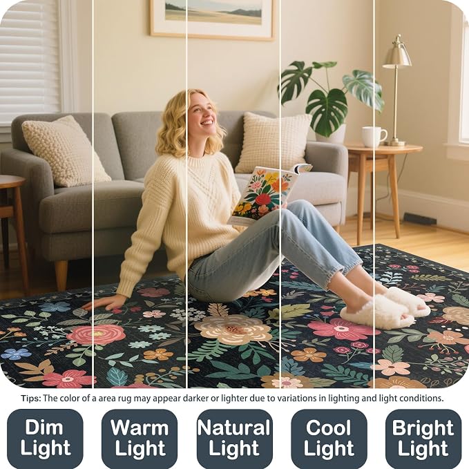 Extra Large 10x14 Area Rug for Living Room, Washable Rugs for Dining Room, Bedroom, Non Slip Stain Resistant Carpet, Low Pile Vintage Floral Rug (Black)