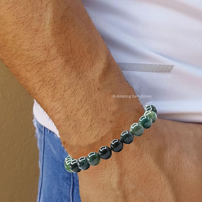 Amazing Gemstone Moss Agate Bracelet for Women Men's Gifts - Protection Healing Crystal Bracelet - 8mm Gemstones Beaded Adjustable Bracelet Pulseras para Hombres Mujer Stocking Stuffers