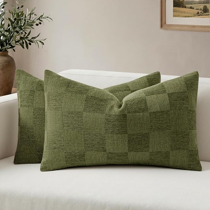 A moment Set of 2 Decorative Linen Throw Pillow Covers,Large Grid Textured Neutral Boho Farmhouse Cushion Covers,Soft Aesthetic Pillowcases for Couch Sofa Living Room Home Decor,20x12 Inch,Olive Green