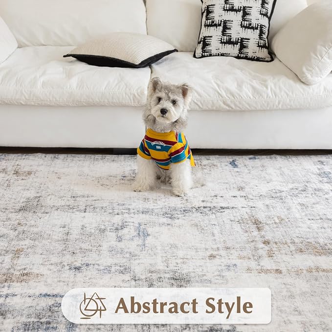 FMFUNCTEX 4x6 Washable Area Rug Brown Blue Abstract Modern Neutral Non Slip Low Pile Indoor Carpet Soft Throw Rug for Entryway Entrance Living Room Bedroom Dining Office Nursery Entry Kitchen Laundry