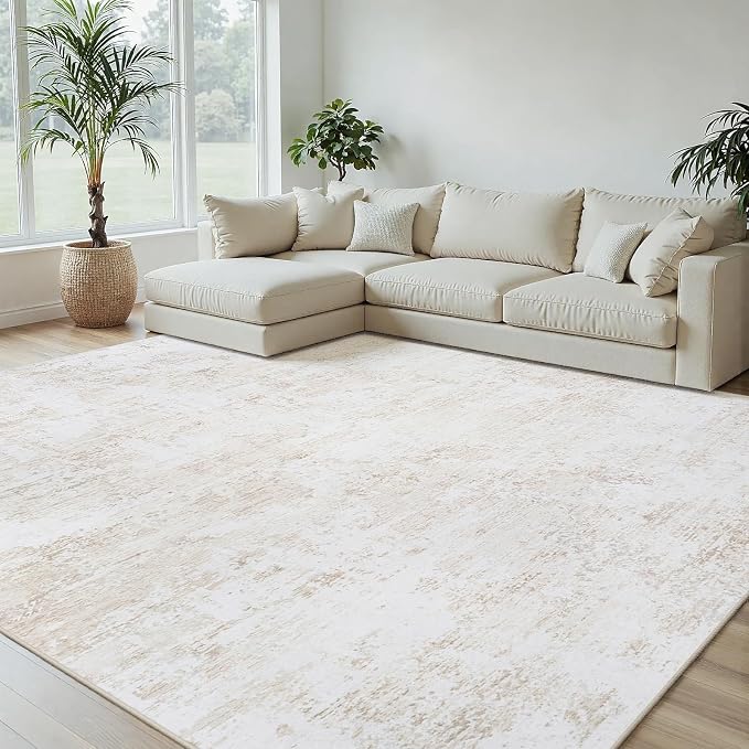 6x9 Area Rugs Living Room Rug Modern Abstract Neutral Washable Rugs Non Slip Soft Carpet Large Area Rug Low Pile Stain Resistant Non Shedding for Bedroom Nursery Dining Room Home Office Beige White