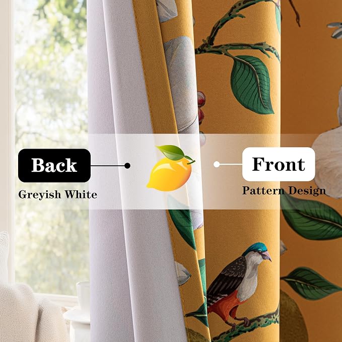 MYSKY HOME Yellow Floral Blackout Curtains 84 inch Long for Living Room Vintage Mid Century Style Lemon Hummingbird Patterned Room Darkening Privacy Drapes Grommet Bedroom Dining Room, 2 Pcs, 52"Wide
