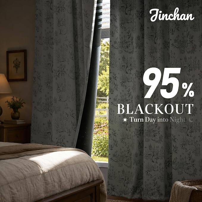 jinchan Green Blackout Curtains 63 Inch Whimsical Back Tab 2 Panels | Room darkening,nursery kids bedroom,privacy,whimsical,cottagecore,bunny pattern,botanical,nature-inspired decor