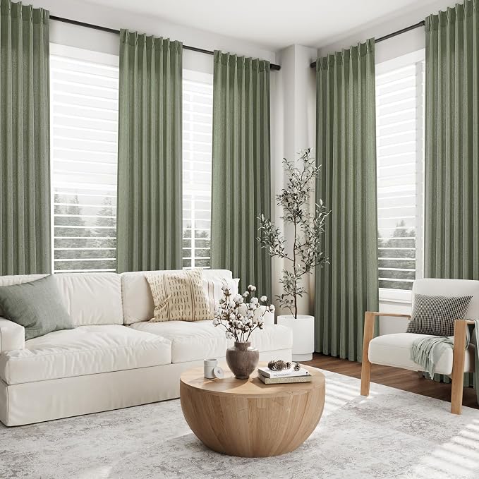 Aersas Light Sage Pinch Pleated Linen Curtains 84 Inches Long 2 Panels Set Back Tab Rod Pocket Living Room Pleat Curtain Farmhouse Boho Semi Sheer Drapes with Hooks for Dining Room 40 Inch x 84 Inch