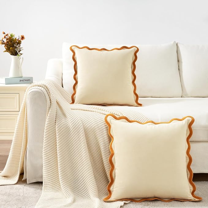 MONDAY MOOSE Decorative Throw Pillow Covers Cushion Cases, Set of 2 Soft Velvet Scalloped Wavy Edge Designs, Mix and Match for Home Decor, Pillow Inserts Not Included (22x22 inch, Honey/Cream)