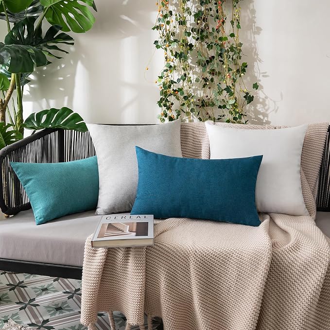 MIULEE Pack of 2 Decorative Outdoor Solid Waterproof Throw Pillow Covers Faux Linen Garden Farmhouse Coastal Cushion Cases for Summer Patio Tent Balcony Couch Sofa 20x20 Inch Blue
